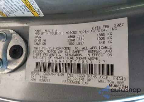 2007 Mitsubishi Eclipse Se z USA, uszkodzony, nr VIN 4A3AK64F87E063177